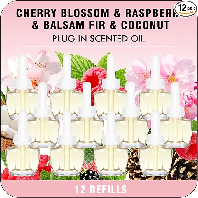 Plug Ins Refills Air Freshener Cherry Blossom Raspberry Balsam Fir Coconut for Home and Bathroom 7.92Fl Oz 12 Count Compatible with Air Wick &amp Glade