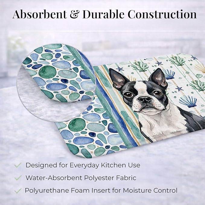 Caroline's Treasures Boston Terrier Coastal Sea Glass Dish Drying Mat Absorbent Dish Drying Mat Pad for Kitchen Counter Dish Drainer Mat for Countertop 14 x 21 Multicolor
