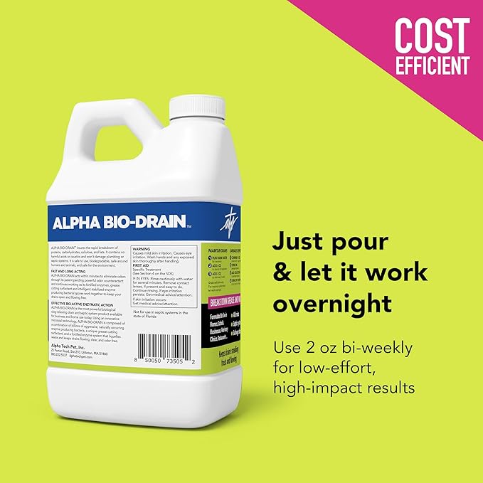 ALPHA BIO-DRAIN - Enzyme-Based Maintenance to Help Prevent Clogs and Reduce Odors from Pet Waste Grease Hair in Drains and Septic Systems - ½ Gallon by Alpha Tech Pet