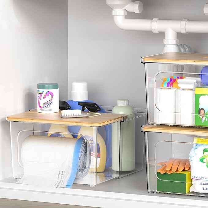 Trash Bag Dispenser Under Sink Organizer 2-in-1 Acrylic Trash Bags Holder with Bamboo Lid Holds Large Rolls up to 100 Count Garbage Bag Storage Container for Kitchen Pantry Laundry Room