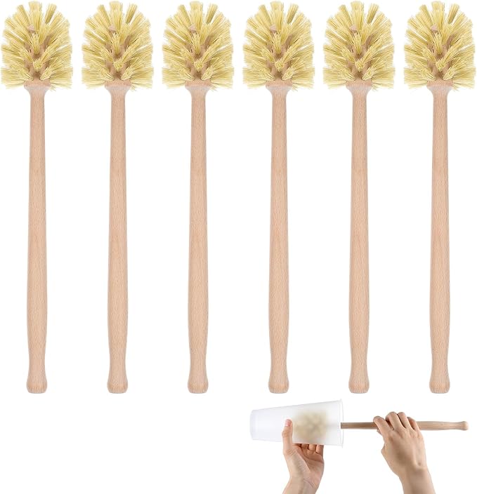 6 Pcs Natural Wood Dish Scrub Brush with Long Beechwood Handle Bristles for Cleaning Bottles Mugs Jars Glasses Dishes Vases Pitchers 13.6 x 2.6 Inches