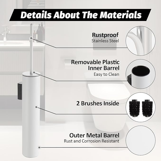 BGL Toilet Brush and Holder Set White Wall Mounted for Bathroom Round Design