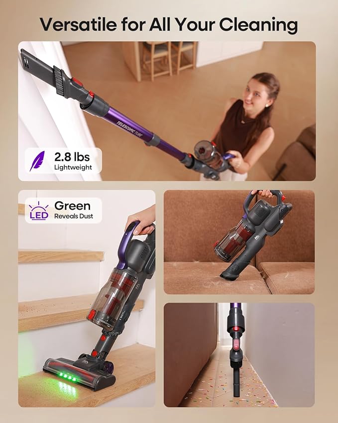 AlloyMove Cordless Vacuum Cleaner 45KPA Up to 60mins Runtime Lightweight Powerful Suction Vacuum Cleaners for Home 3 Suction Modes Rechargeable Stick Vacuum for All Floor/Carpet/Pet Hair/Car A03