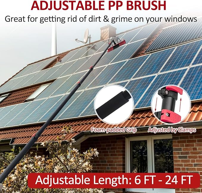 Water Fed Pole Kit - Extendable Solar Panel Cleaner Brush Telescopic Outdoor Window Cleaner 3-in-1 Aluminum Cleaning Tool for Conservatory Roof and Window Glass