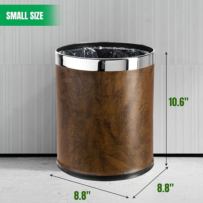 'Invisi-Overlap' Open top Leatherette Trash Can Small Office Wastebasket Modern Home Décor Round Shape (Brown)