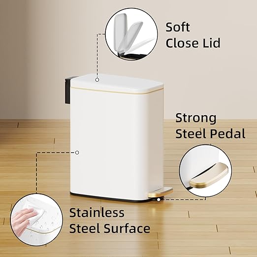 Small Bathroom Trash Can with Lid Soft Close Step Pedal 6L / 1.6 Gal Stainless Steel Garbage Bin with Removable Inner Bucket Slim Wastebasket for Narrow Spaces (White)