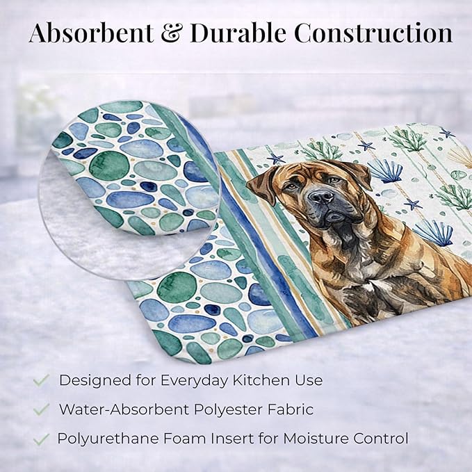 Caroline's Treasures Brindle Boerboel Coastal Sea Glass Dish Drying Mat Absorbent Dish Drying Mat Pad for Kitchen Counter Dish Drainer Mat for Countertop 14 x 21 Multicolor