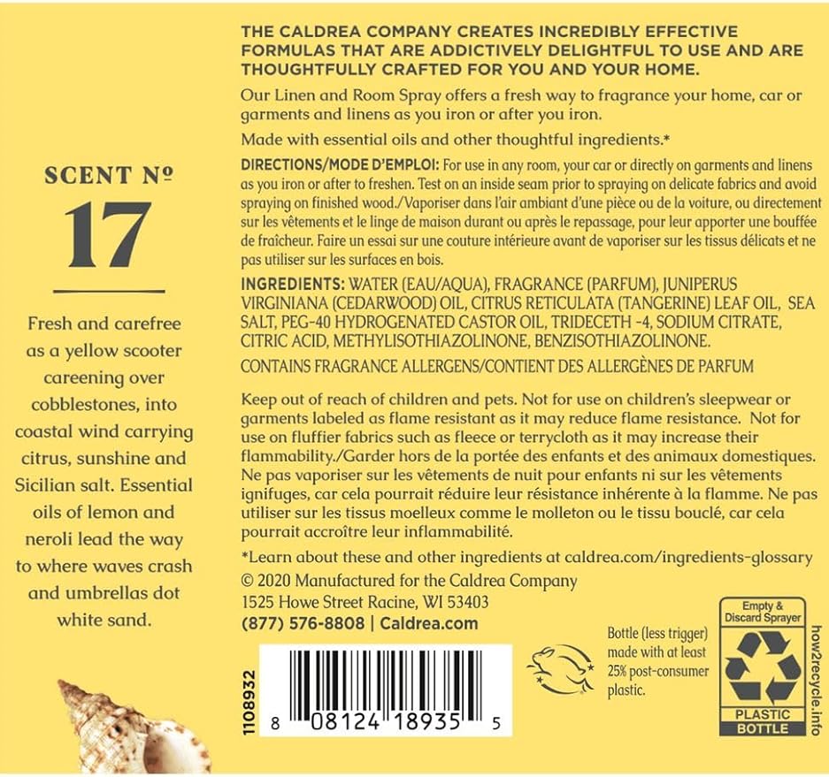 Caldrea Linen &amp Room Spray Air Freshener Made with Essential Oils Plant-Derived &amp Other Thoughtfully Chosen Ingredients Transparent Sea Salt Neroli Scent 16 Fl Oz
