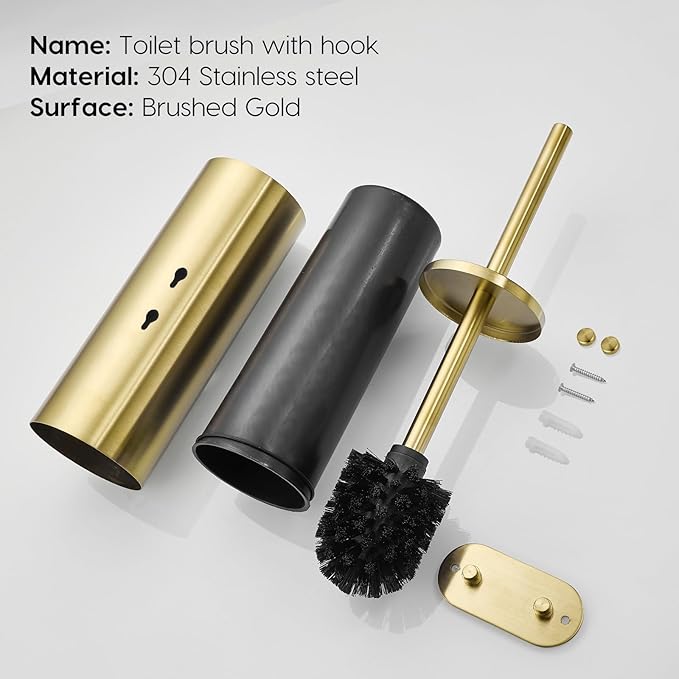 Gold Brushed Stainless Steel Toilet Brush and Cover No-Punch Hook Base Dual Purpose Toilet Brush Holder with Removable Inner Bucket and Splash Cover - Soft Bristles (Brushed Gold)