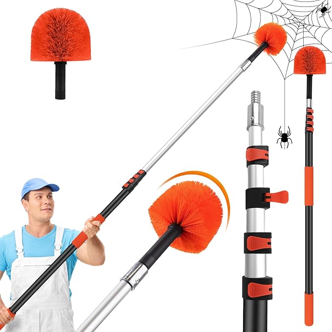 26 FT Cobweb Duster with Extension PoleSpider Web Brush with Pole Extend 5-20FTSpiderweb Cleaner with 4-Stage Telescopic Aluminum PoleSpider Brush Cobweb for Outdoor &amp Indoor Cleaning
