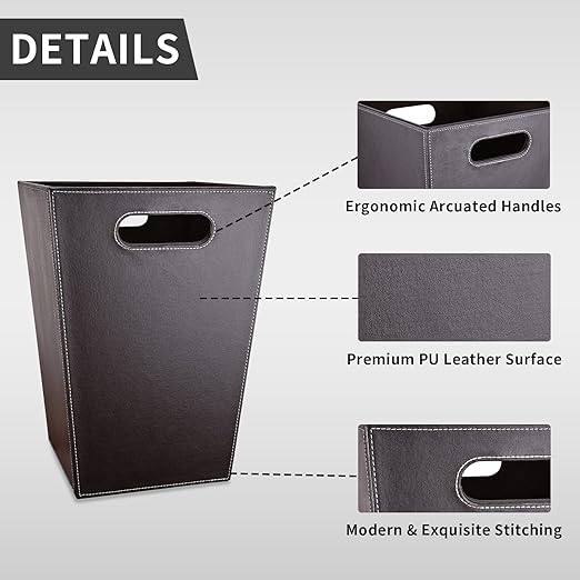 GORESE Leather Trash Can Bathroom Wastebasket 16L/4.2 Gallon Office Garbage Can with Handles for Near Desk Square Bedroom Waste Basket Bin for Home Dorm Decorative Brown