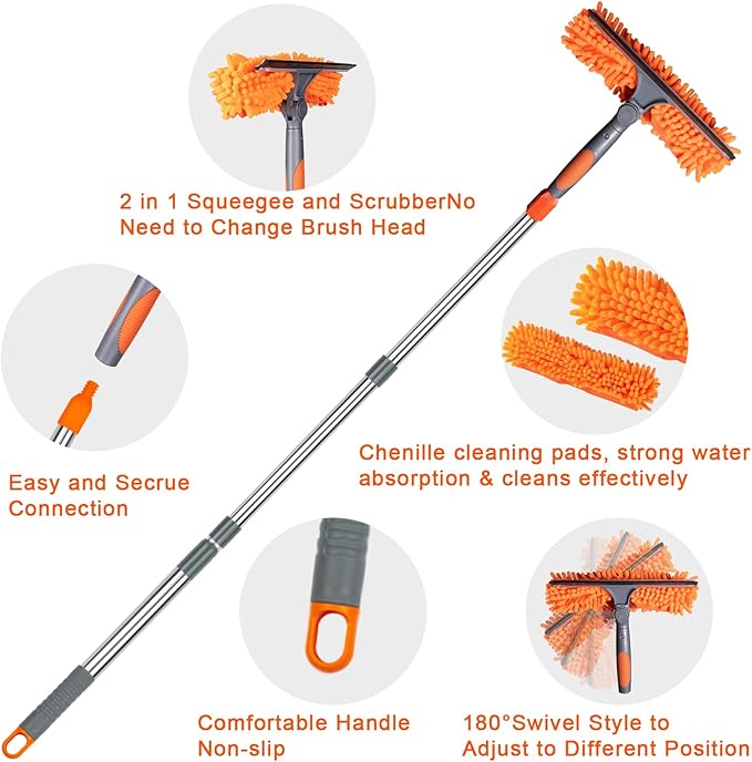 BITOPE 2 in 1 Squeegee for Window Cleaning ToolLong Handle Window Cleaner Tool with Stainless Steel Extension Pole for CarShower Glass Doors Outdoor High Window