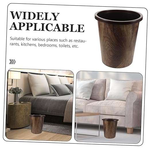 PRETYZOOM Wood Grain Trash Can Round Plastic Wastebasket Press Versatile Garbage Container for Kitchen Bathroom Office Bedroom and Hotels