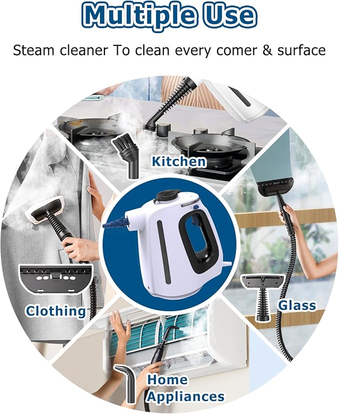 Handheld Steam Cleaner 9.8FT Power CordSteamer for Cleaning with 11 Accessories 15 Seconds Fast Heating High Temperature Cleaning 530Ml Capacity Steam Cleaner for Washroom Kitchen and Car