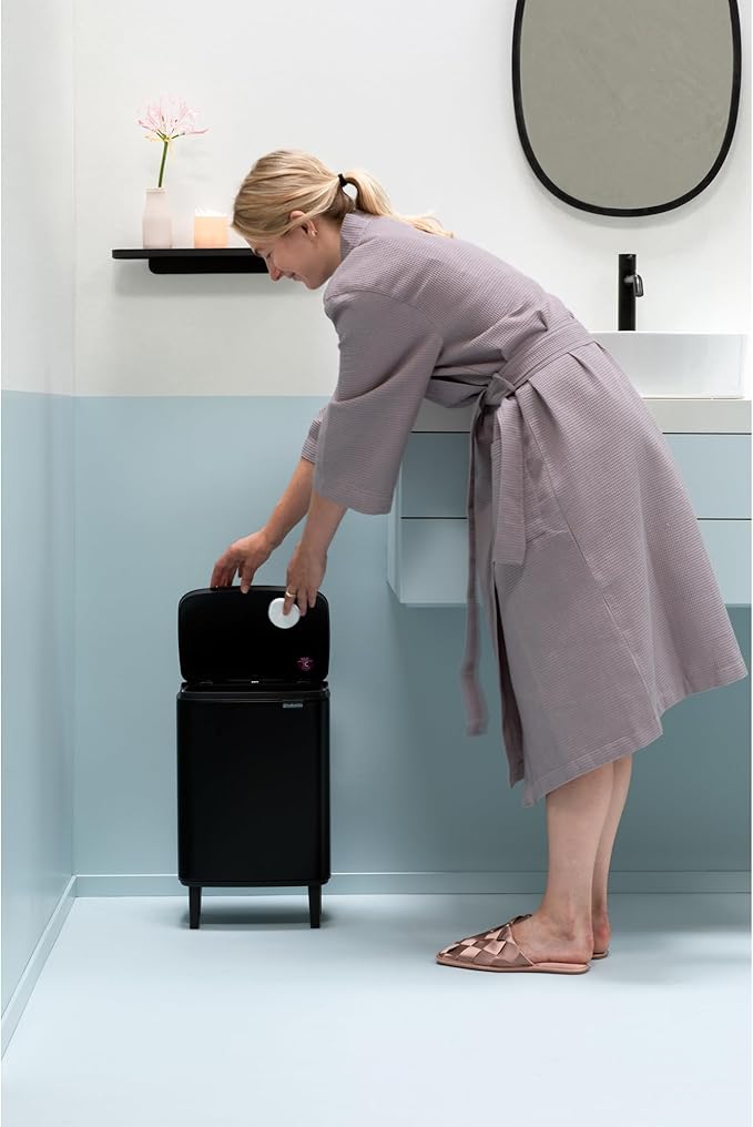 Brabantia Bo Small Lift-Open Trash Can with Raised Legs | 3.2 Gal / 12L | Matt Black | Free Standing Bedroom Bathroom Nursery Trash Can Removable Inner Bucket Non-Slip Feet | + Trash Bags