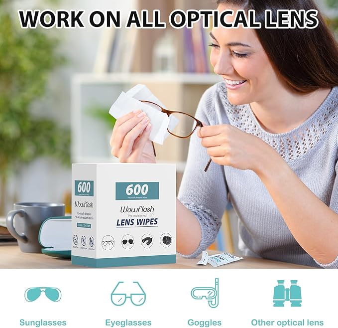 600 Count Lens Wipes for Eyeglasses Eyeglass Lens Cleaning Wipes Pre-moistened Individually Wrapped Sracth-Free Streak-Free Eye Glasses Cleaner Wipes for Sunglass Camera Lens Goggles