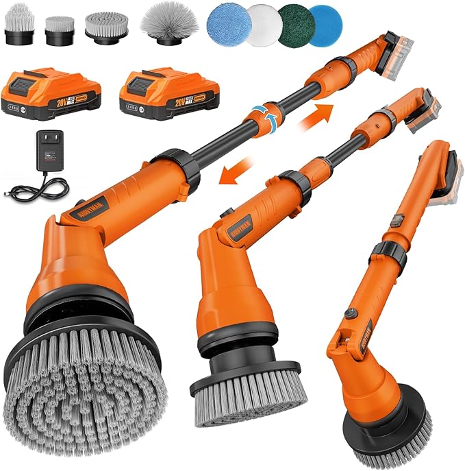 20V Electric Scrubber for Cleaning Floors Walls - 2 Replaceable Battery Design for Outdoor Garden and Patio Cleaning Stubborn Stains Telescopic Handle8 Replaceable Brush Heads
