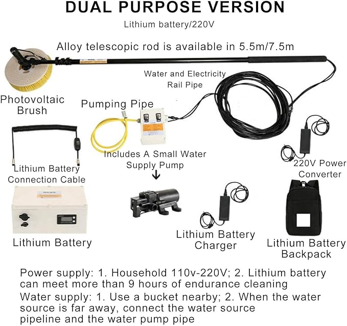 Electric Portable Billboard Cleaning Tool Handheld 160 W Outdoor Glass Cleaner Rotating Brush Alloy Telescopic Pole(Dualuse7.5m)