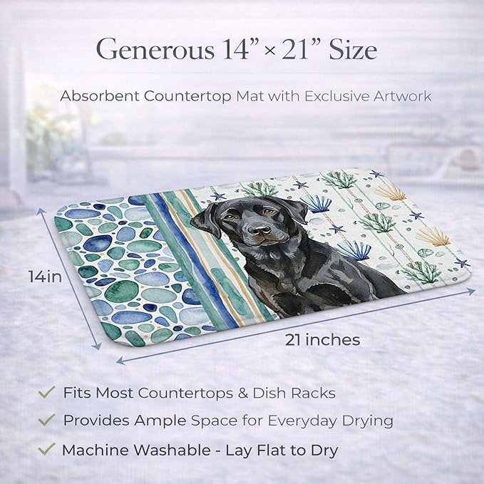 Caroline's Treasures Black Labrador Retriever Coastal Sea Glass Dish Drying Mat Absorbent Dish Drying Mat Pad for Kitchen Counter Dish Drainer Mat for Countertop 14 x 21 Multicolor