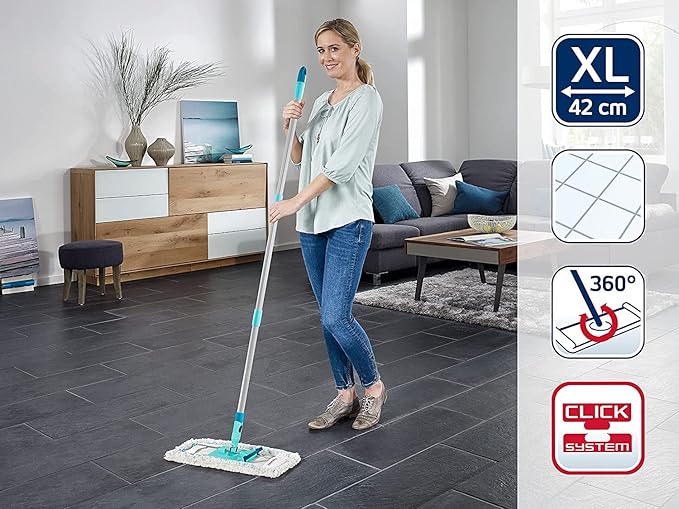 Leifheit Profi XL Cotton Plus Flat Mop with 146 cm Handle 42 cm Large Flat Floor Mop Head 360° Universal Joint for Easy Steering Highly Absorbent for Stone and Tile Floors