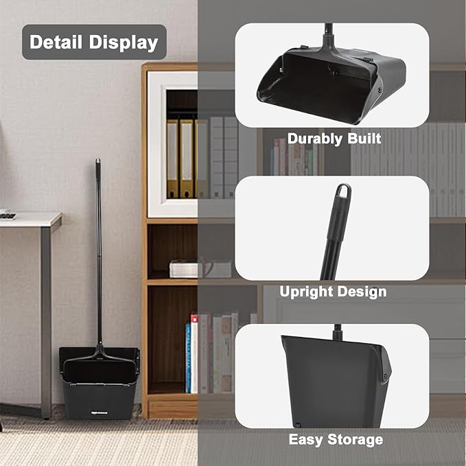 Pivoting Upright Dust Pan with Long Handle and Wheels Large Capacity Heavy Duty Commercial Dustpan for Indoor Outdoor Standing Dust Pan for Home and Restaurant Cleaning Black