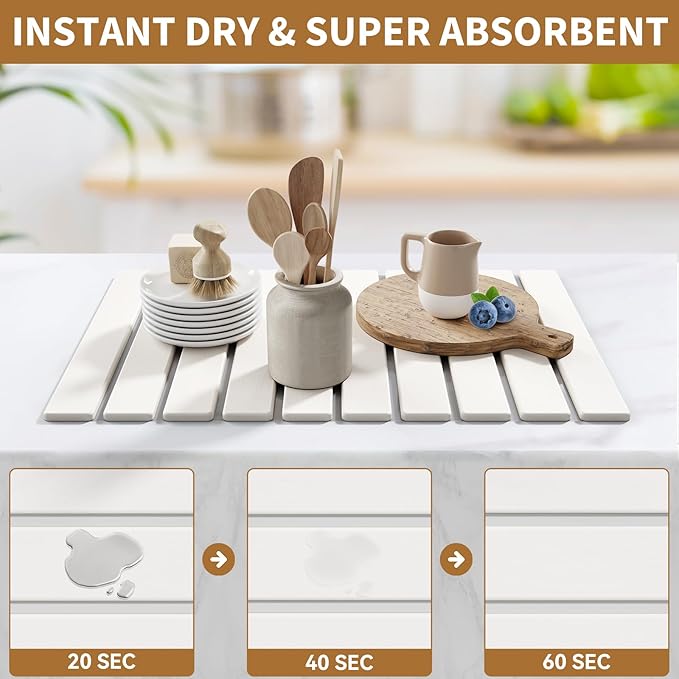 Large Stone Dish Drying Mat for Kitchen Counter23.6''x15.3'' Foldable Quick Dry Stone Kitchen MatEco-FriendlyAbsorbent Diatomaceous Earth Mats for Dishes Bottles Cups Bathroom Any Countertop-White