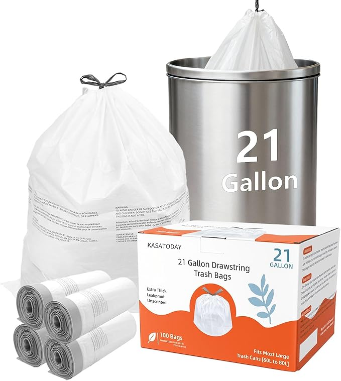 21 Gallon Drawstring Trash Bags 80L Extra Large Kitchen Garbage Bags 100ct 1.2 Mil Extra Strong Leak-Proof Liners for Home &amp Kitchen Office Unscented White Heavy Duty