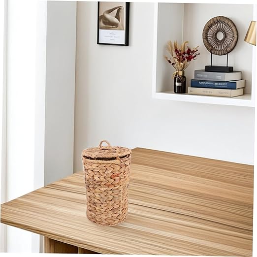 Zerodeko Natural Woven Hyacinth Trash Can with Lid Decorative Rattan Wastebasket for Bathroom Bedroom Kitchen Multi Purpose Storage Bin for Essentials Compact Lightweight Design