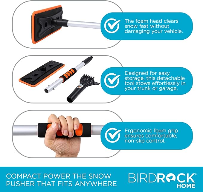 BIRDROCK HOME 36 Extendable Snow Pusher Brush &amp Detachable Ice Scraper for Cars | Aluminum Grip for Car Truck SUV | Safe on Auto Windshield &amp Windows | Wide Frost Remover for Semi &amp Sma