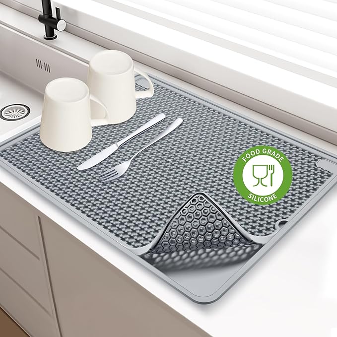 Large 20x15 Dish Drying Mat for kitchen Counter | Super Absorbent Food-Grade Silicone Double-Layer Design Non-Slip &amp Easy to Clean | Drainer Pad for Sink Coffee Machine &amp Drying Rack | G
