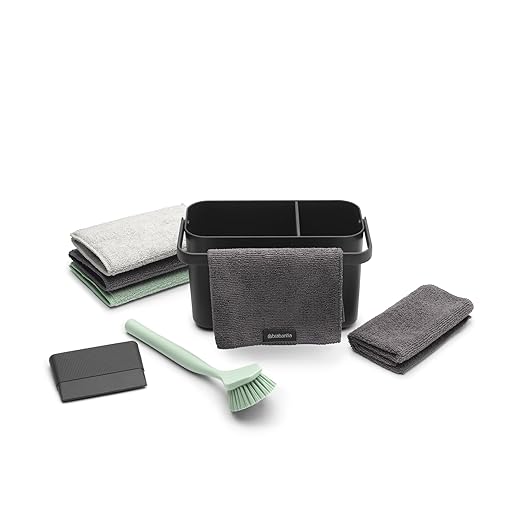 Brabantia SinkSide Cleaning Set of 8 - Dark Gray | Cleaning Caddy with Handle Microfiber Pads Cloths Dish Brush Squeegee | Complete Sink Tidy Solution | Kitchen Sink Organizer