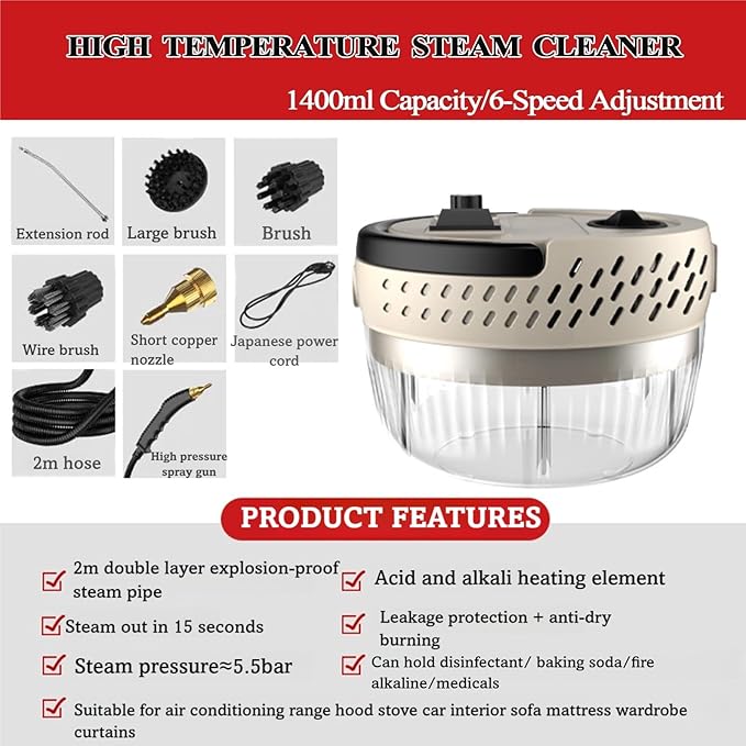 Portable Steamer for Cleaning 6 Speeds High Pressure Handheld Steam Cleaner High Temperature Deep Steam Cleaner For Kitchen Bathroom Car AC