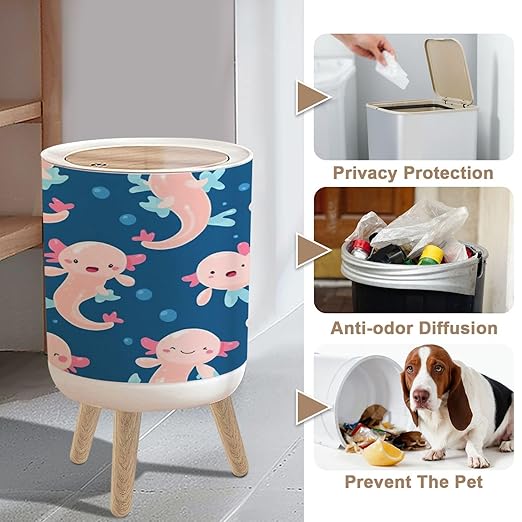 Small Trash Can with Lid axolotl kawaii seamless pattern baby amphibian cute animal drawn 1.8 Gallon/7L Garbage Can Waste Bin with Press Top Lid Wood Legs Wastebasket for Bathroom Kitchen Bedroom