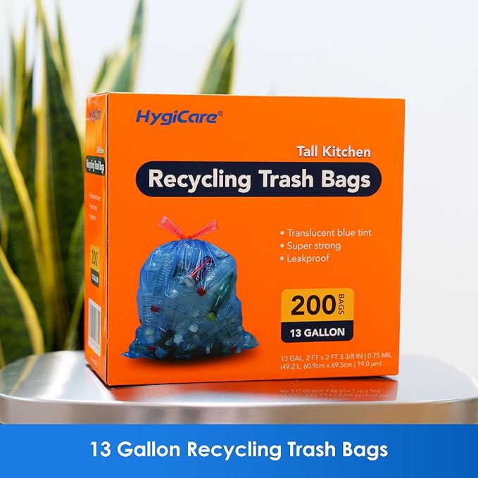 13 Gallon Recycling Trash Bags Unscented 200 Count Drawstring Tall Kitchen Garbage Bags Pre-Separated Ultra Strong Leakproof Sturdy Translucent Blue