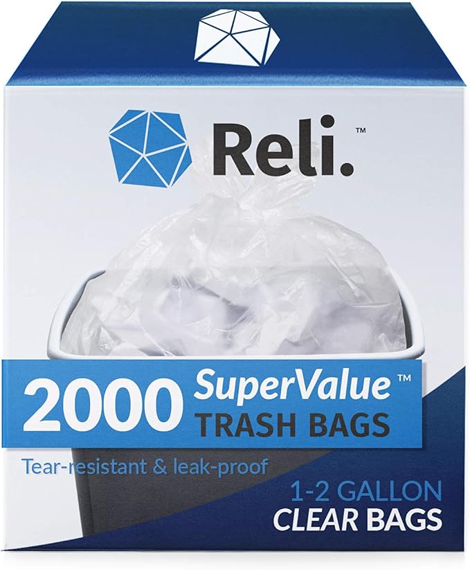 Reli. 1-2 Gallon Trash Bags | 2000 Bags | Clear | Bathroom | Strong | Garbage