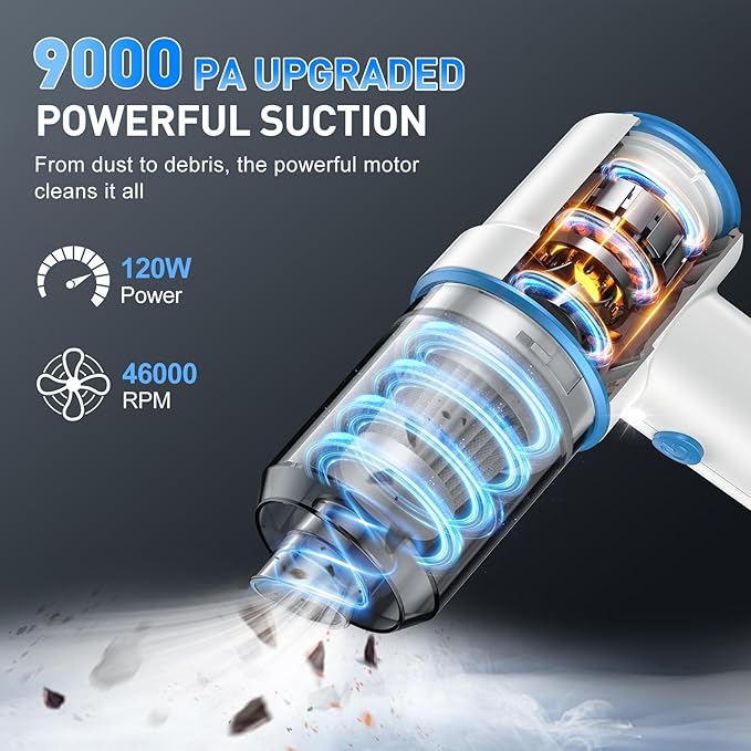 KMM Handheld Car Vacuum Cleaner 9000PA Vacuum Cleaner &amp Air Duster 120W High Power Vacuum Portable Cordless Hand Held Vacuum Rechargeable with Multi-Nozzles &amp LED Light for Home Car Offic