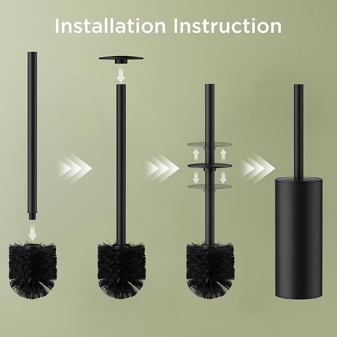 Toilet Brush and Holder Set Toilet Bowl Brush with Heavy Duty 304 Stainless Steel Base and Extra Long Handle Toilet Bowl Cleaners Brush for Bathroom (Matte Black)