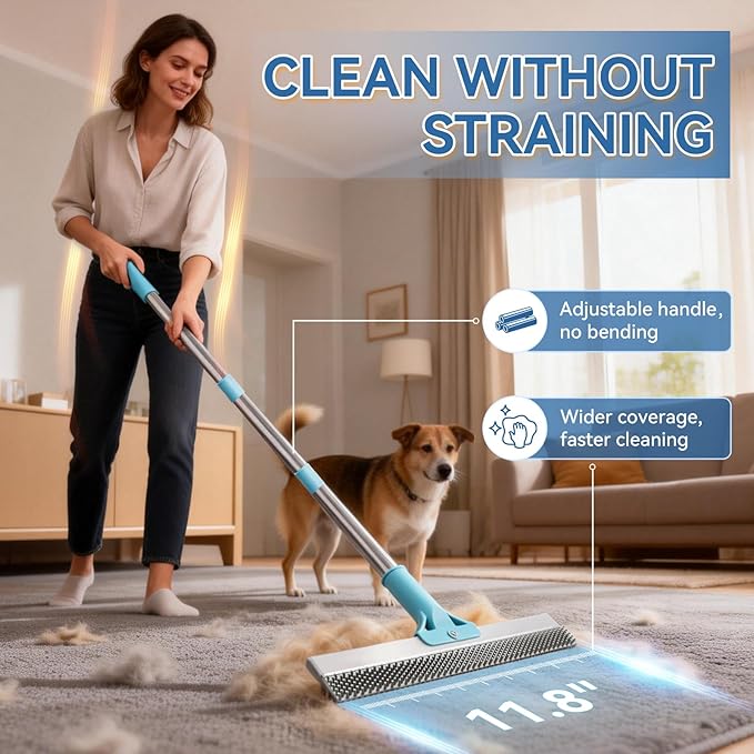 BFNN Carpet Rake for Pet Hair Removal | Reusable Dual-Action Carpet Broom Tool with Metal Scraper &amp Silicone Brush | 54 Adjustable Handle | 3Pcs Cat &amp Dog Fur Cleaning Kit for Rugs Couch &am