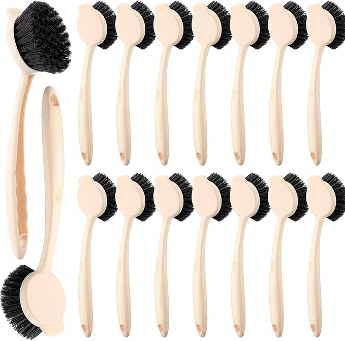 16 Pack Dish Brush with Handle Dish Scrubber Brush with Built-in Scraper Kitchen Scrub with Stiff Bristles Long Scrubber for Home Restaurant Pot Sink Washing Cleaning Supplies Beige