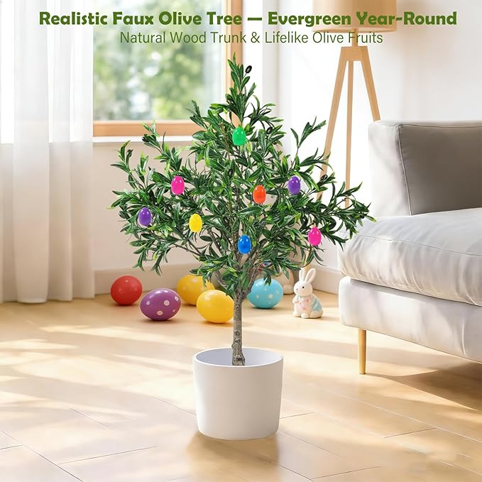 Easter Artificial Olive Trees Indoor Outdoor Decor 3.6 FT Tall Faux Olive Tree with Easter Eggs Planter UV Resistant Fake Plants Bushes Ever-Greenery with Lifelike Fruits for Home Office