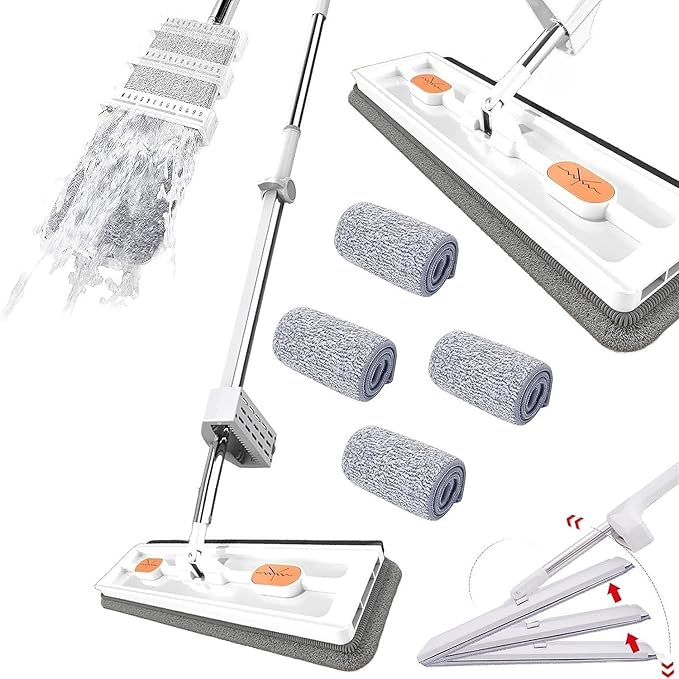 Large Flat Mop 2023 New Large Flat Mop Large Surface Flat Mop Wall Cleaning with Long Handle Reusable Portable Wet &amp Dry Lazy 12027(White Mop+4pcs Rag)