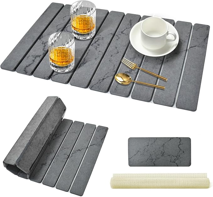 2 PCS Diatomaceous Stone Drying Mat for Kitchen Counter Quick Dry Collapsible Stone Dishes Mats Marbled Absorbent Bath Mat for Countertop Bottles Utensils Cups Dark Gray 24×16 &amp 8x4