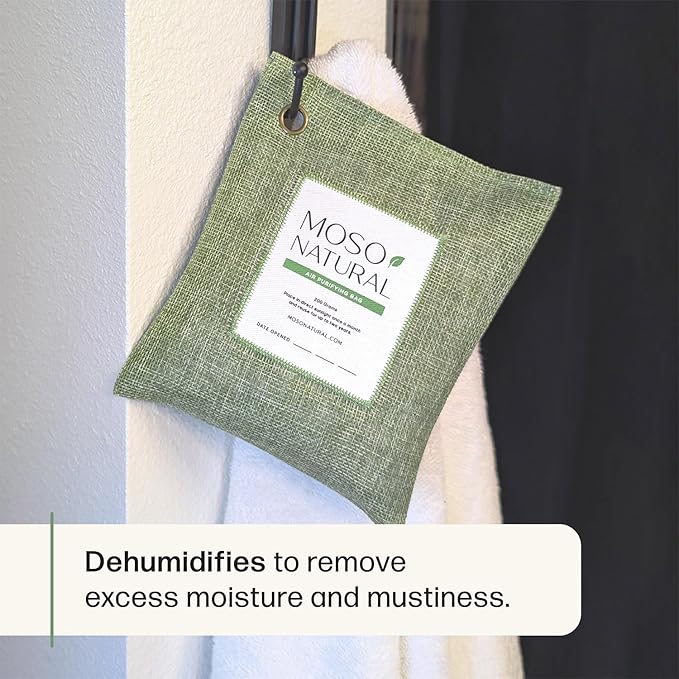 Moso Natural Air Purifying Bag 200g (5 Pack). A Scent Free Odor Eliminator for Cars Closets Bathrooms Pet Areas. Premium Moso Bamboo Charcoal Odor Absorber. Two Year Lifespan! (Green)