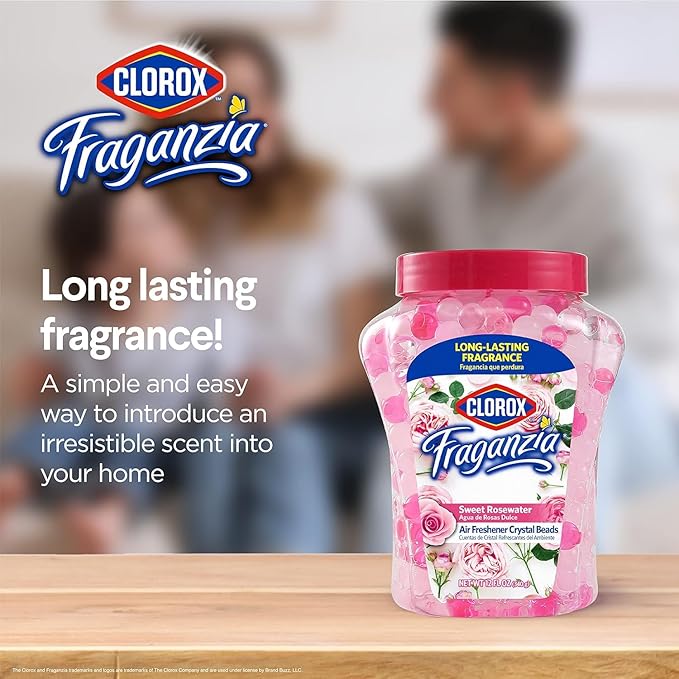 Clorox Fraganzia Crystal Beads Air Freshener Long Lasting Room Deodorizer and Odor Eliminator Gel Beads to Freshen Home Car or Office Sweet Rosewater Scent 12 Fl Oz - 12 Pack