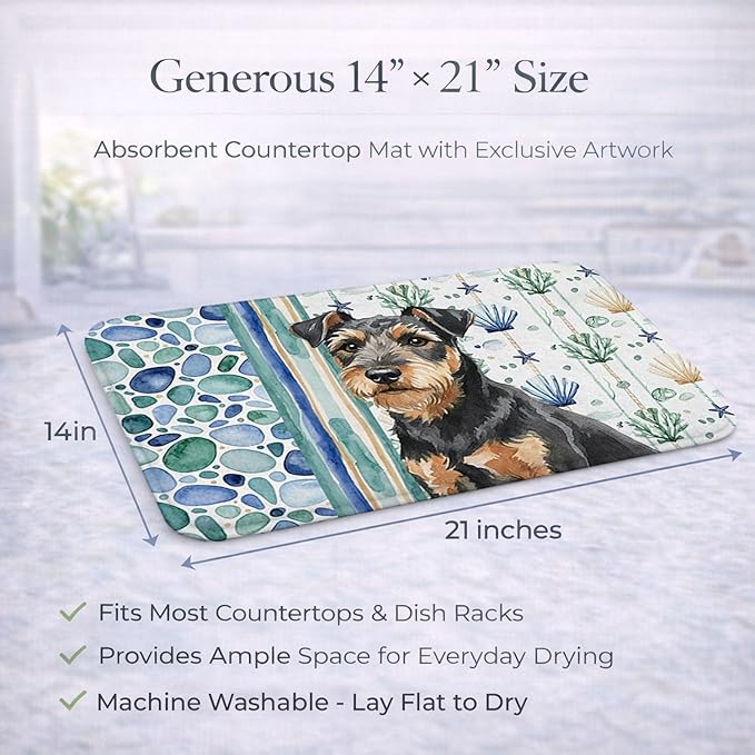 Caroline's Treasures Black and Tan Lakeland Terrier Coastal Sea Glass Dish Drying Mat Absorbent Dish Drying Mat Pad for Kitchen Counter Dish Drainer Mat for Countertop 14 x 21 Multicolor