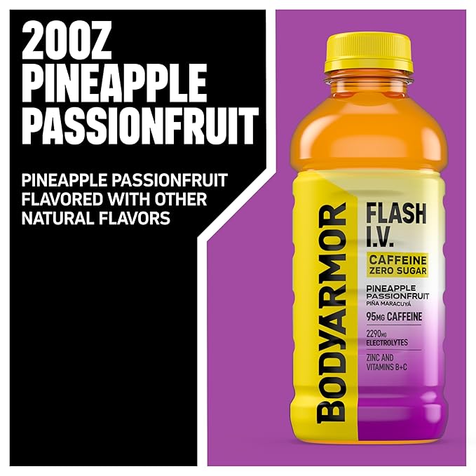 BODYARMOR Flash I.V. Zero Sugar + Caffeine Pineapple Passionfruit Electrolyte Beverage Hydration Drink For Rapid Rehydration Post Workout Recovery 20 Fl Oz (Pack of 12)