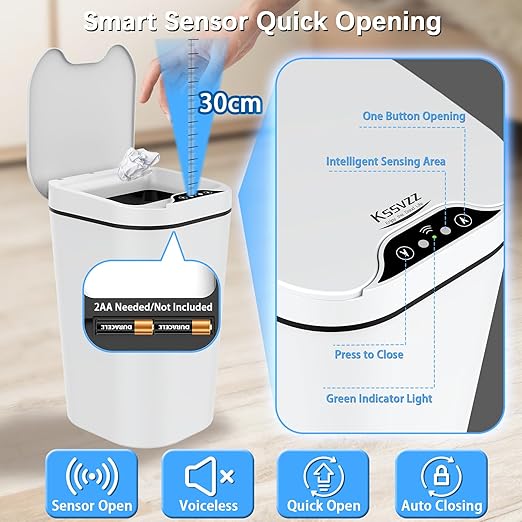 2 Pack Automatic Small Bathroom Trash Can with Lid - 2.5 Gallon Touchless Electric Garbage Can Motion Sensor Smart Trash Bin Slim Plastic Trashcan Waterproof Wastebasket for Bedroom Office (White)