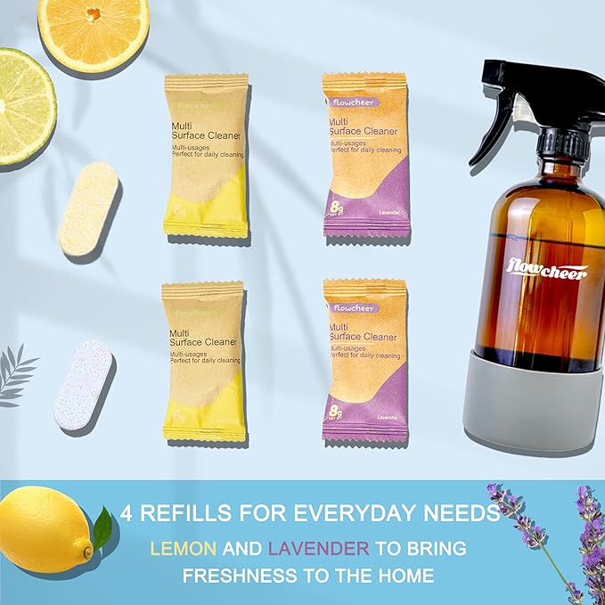 flowcheer Multi-Surface Cleaner Reusable Spray Bottles + All Purposes Cleaner Refills-Household&ampKitchen Cleaning-12 Pack Makes 204 fl oz Bottles of Spray Cleaner Lemon and Lavender Scent