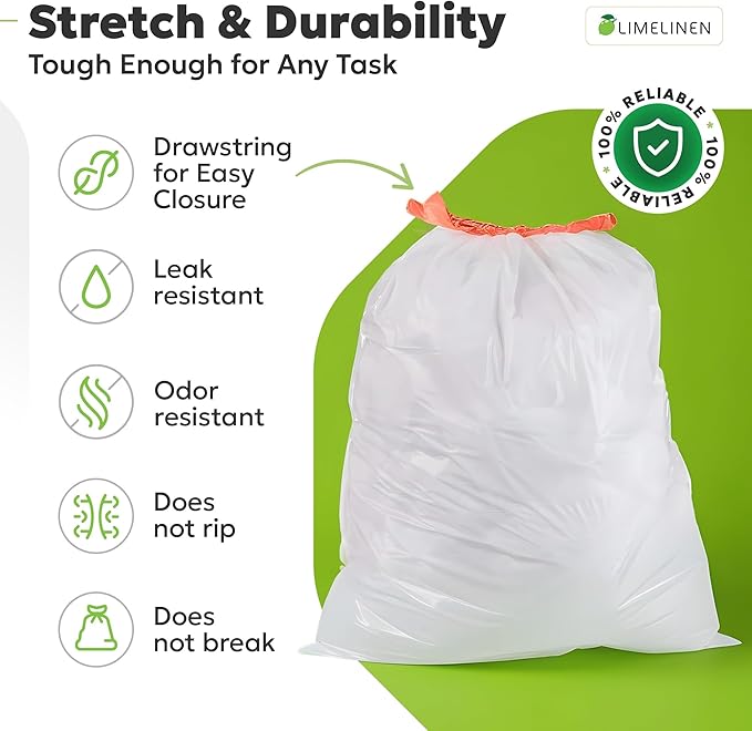LIMELINEN Tall Kitchen Trash Bags with Drawstring 200 Count 13-gallon Trash Bag of 0.9 mil Thickness Leak and Odor-Resistant Heavy-Duty Plastic Garbage Bags for Home and Commercial Use