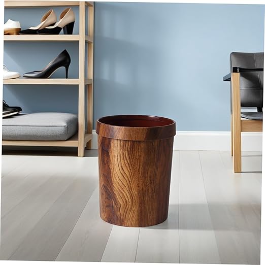 Vintage Woodgraining Container Plastic Trash Can with Pressure Ring for Living Bedroom Classic Solid Wood Pattern Bin Material Waste Basket